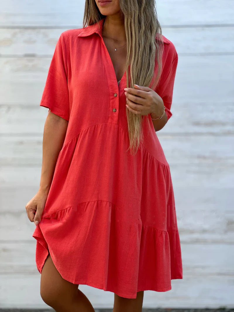 Dress for Women – Relaxed Fit – Short Sleeve – Collar – Layered – Natural Fibers