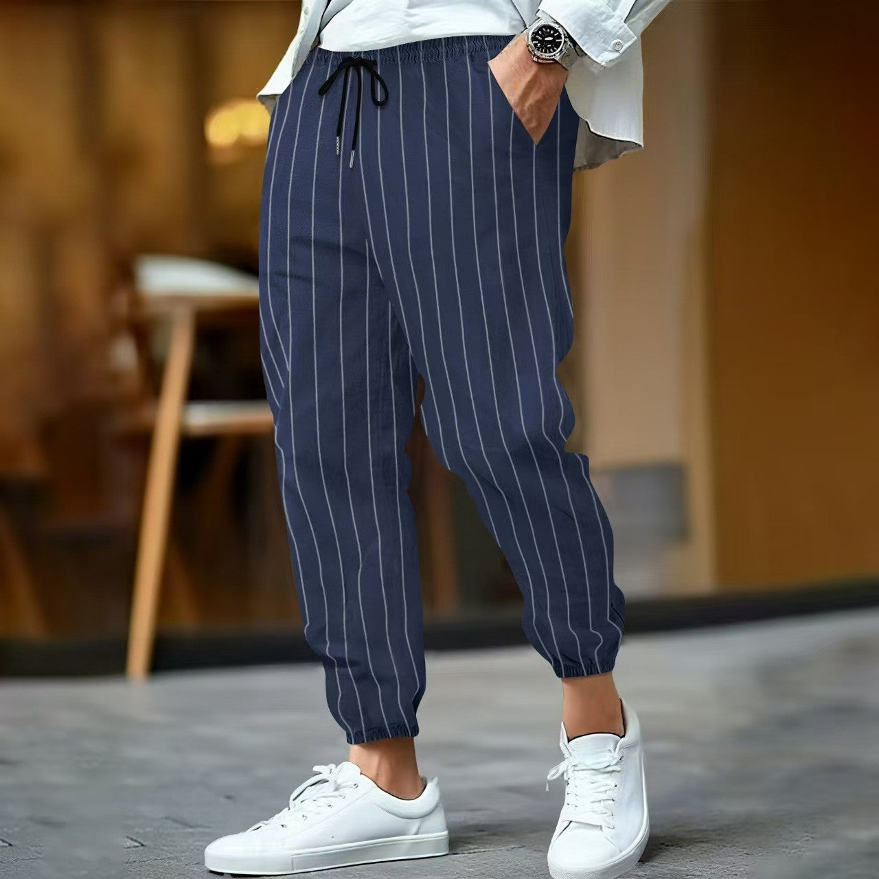 Men's Trousers – Relaxed Fit – Elastic Waistband with Drawstring – Tapered Legs – Cotton Blend