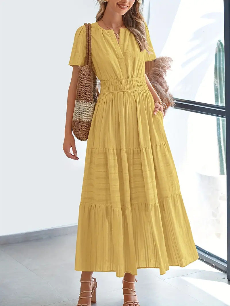 Women's Maxi Dress – V-Neck – Puff Sleeves – Light A-Line – Ruched Waist – Layered Skirt