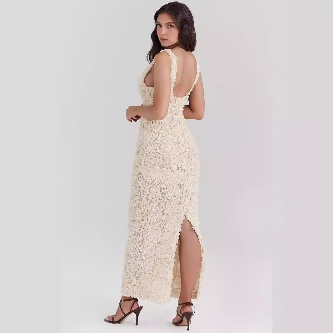 Dress for Women – Slim Fit – 3D Floral Texture – Deep Neckline – Ankle Length