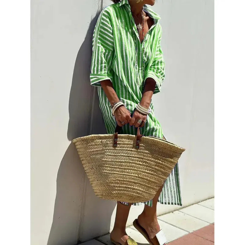 Women's Shirt Dress – Relaxed Fit – Geometric Pattern – Knee-Length – Button Front