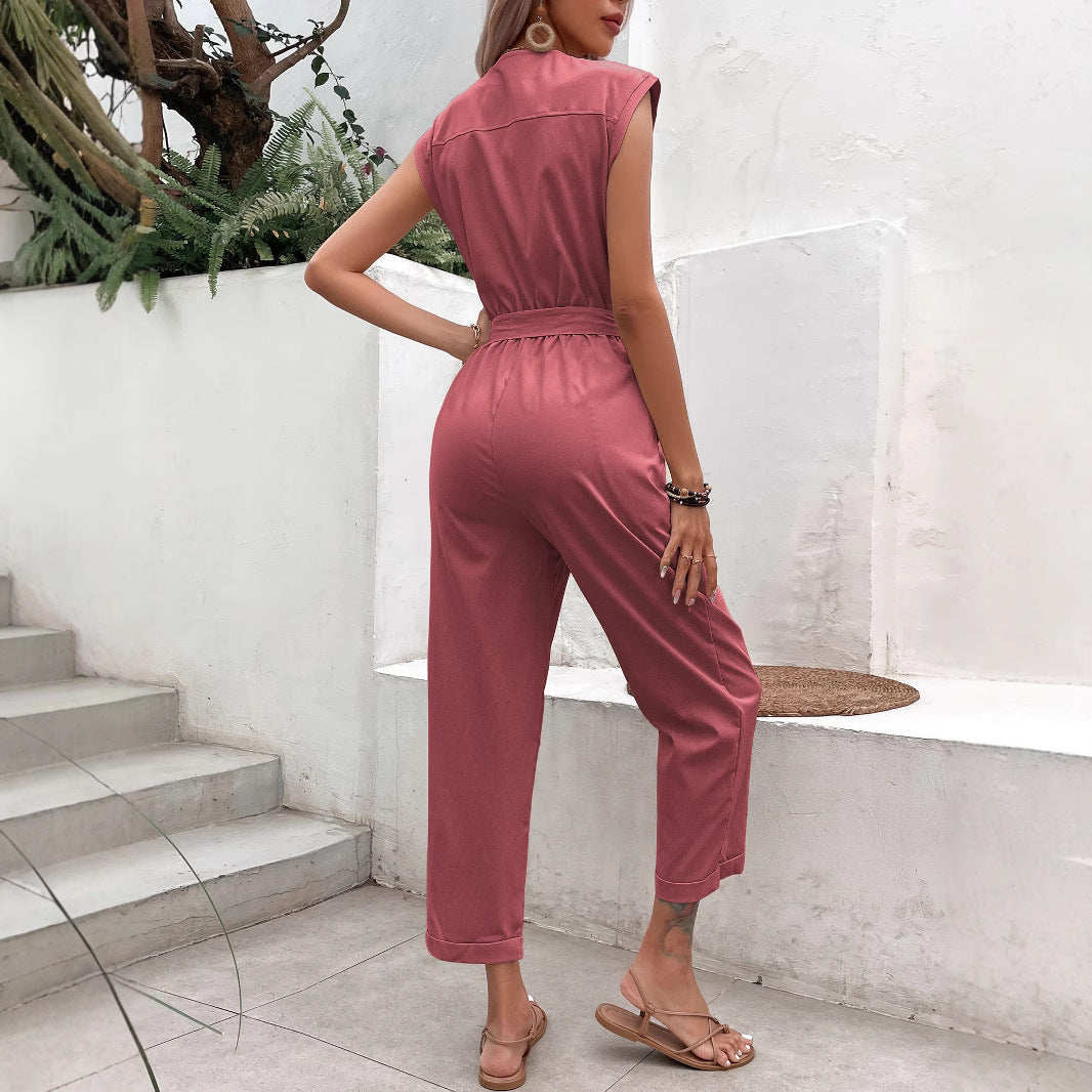 Dame Jumpsuit – Ermeløs – V-hals – Avslappet Passform – Knelang – Knytebelte
