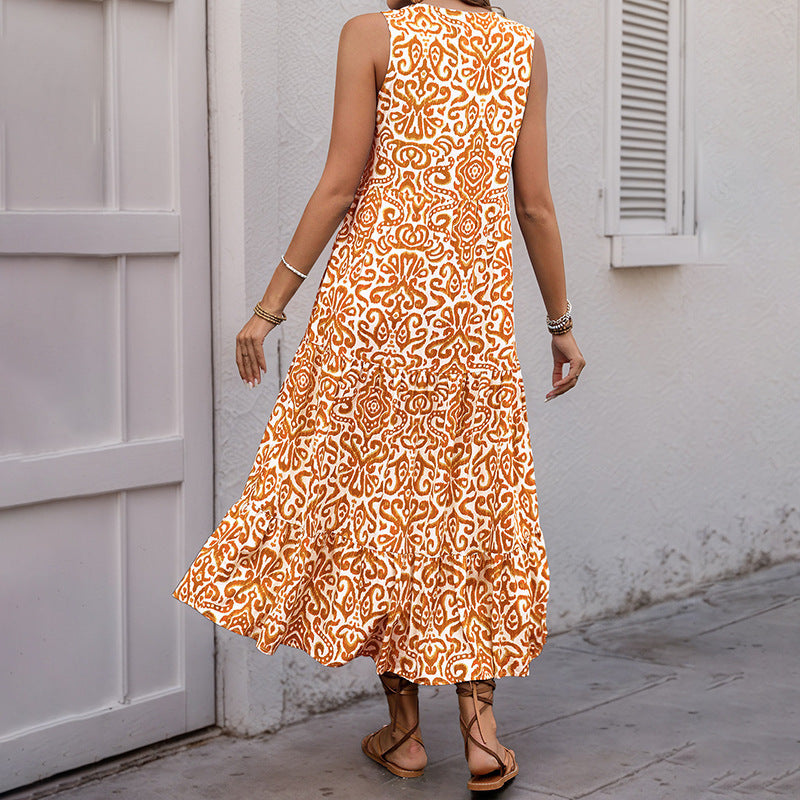 Women's Midi Dress – Sleeveless V-neck – Relaxed Fit – A-line – Abstract Pattern