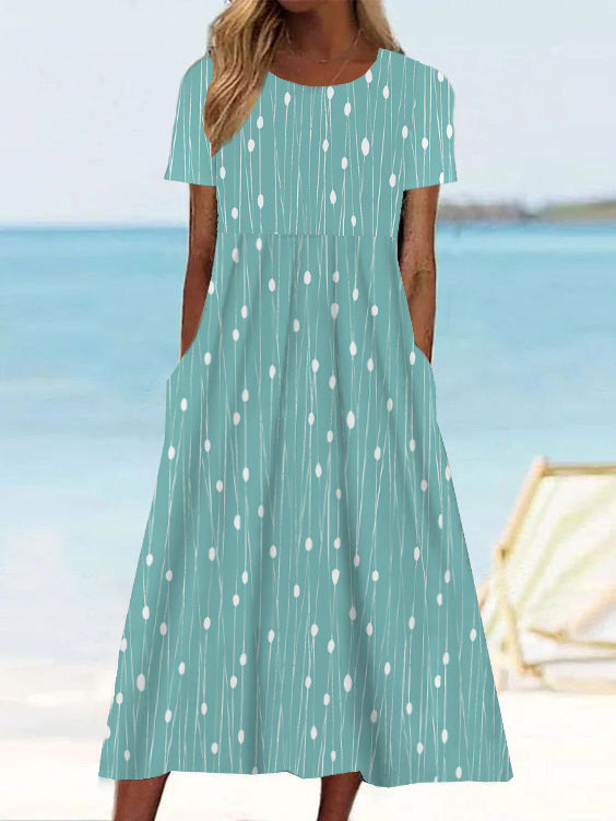 Women's Summer Midi Dress - Short Sleeves, Relaxed Fit - Print, Round Neck