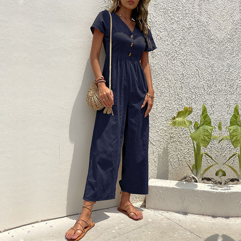Dame jumpsuit – linblanding – avslappet passform – kort erm – vide ben – full lengde