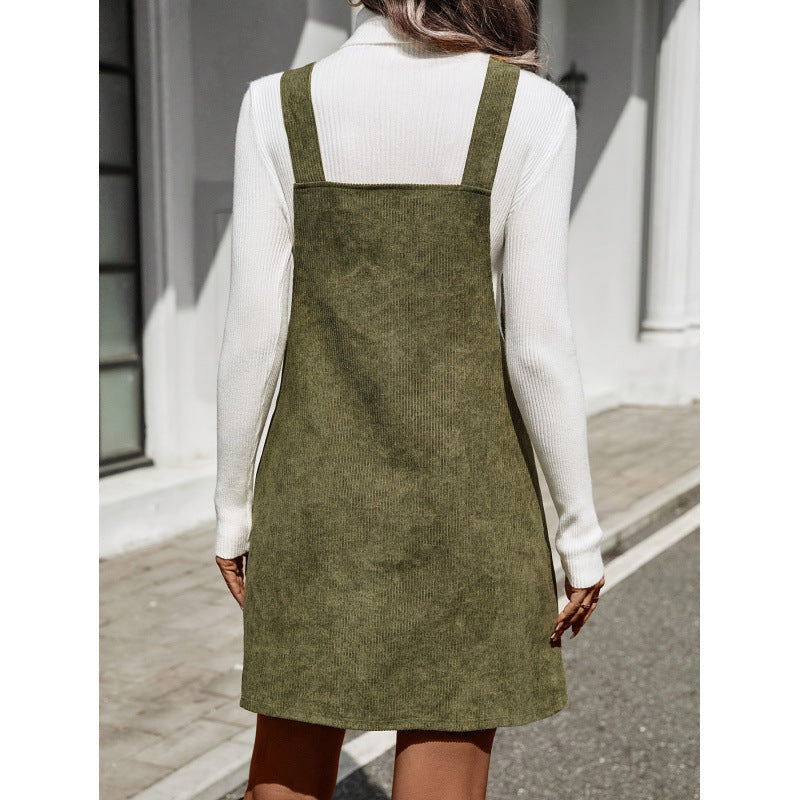 Dress for Women – Pinafore Style – Slim Fit – Corduroy – Buckles – Front Pockets
