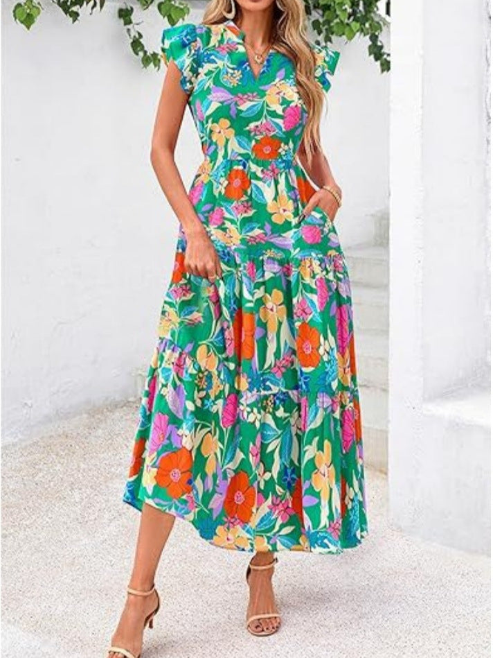 Dress for Women – Midi Length – V-Neck – Flared Sleeve – Relaxed Fit – Breathable Fabric – Patterned