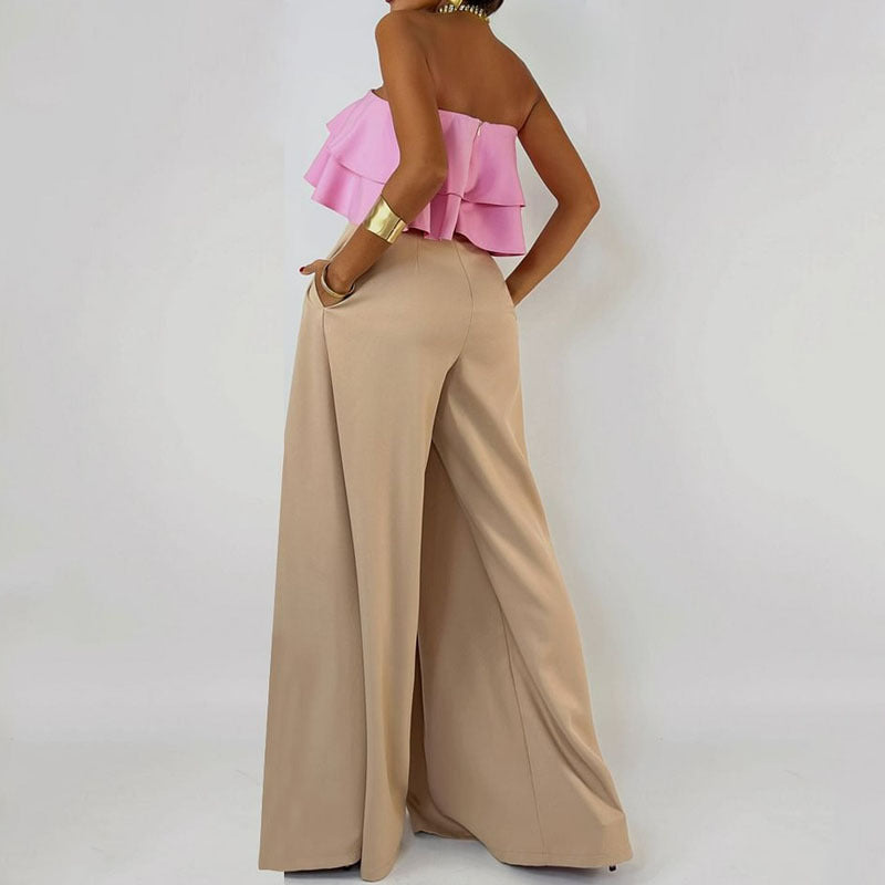 Women's Jumpsuit – Strapless – Ruffled Top – Wide Legs – Asymmetric Draping