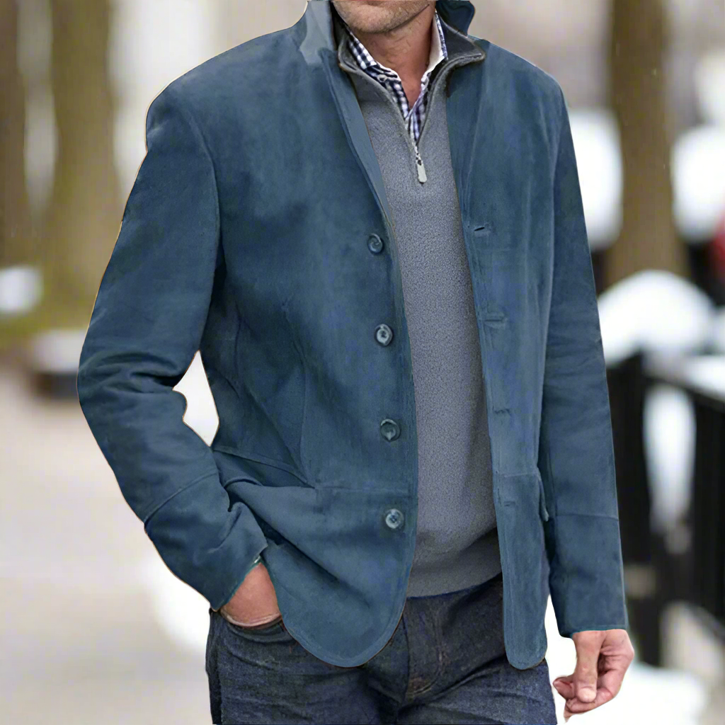 Men's Leather Jacket - Suede Leather - Classic Cut - High Collar - Button Closure