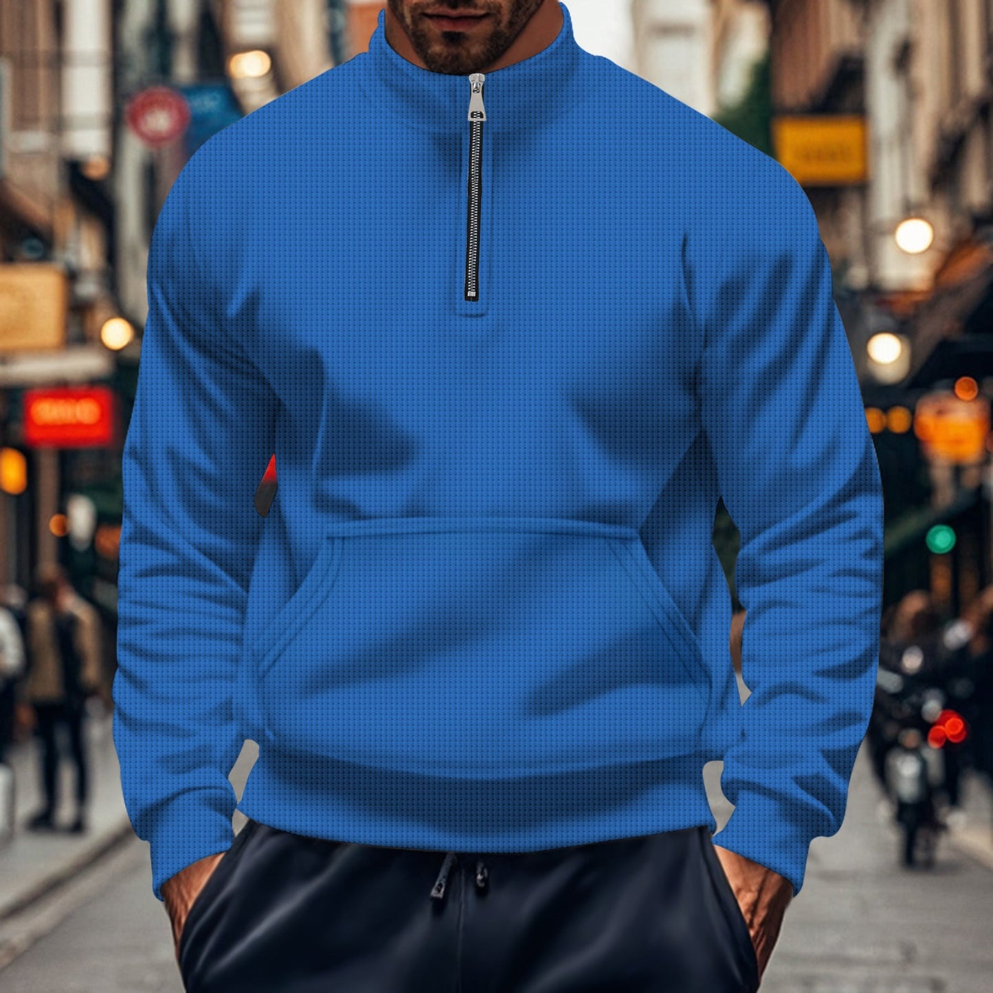 Men's Sweater – Relaxed Fit – Half Zip – Kangaroo Pocket – Ribbed Edges – Cotton Knit