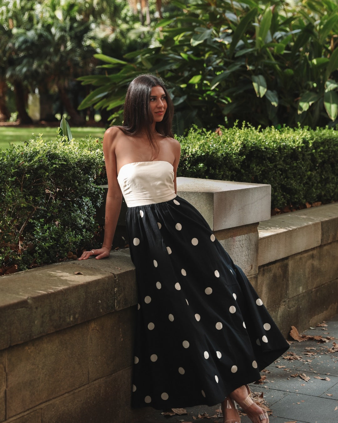 Women's Maxi Dress – Strapless Wrap Bodice – Polka Dot A-line – Light and Elegant