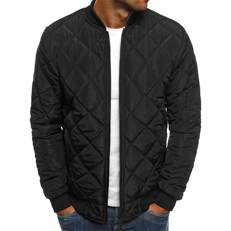 Men's Jacket – Padded Cotton Blend – Regular Fit – Check Quilt – Zipper Closure