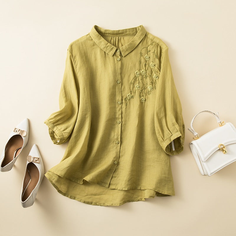 Women's Shirt – Natural Fibers – Relaxed Fit – Embroidered – Mid-Length Sleeves
