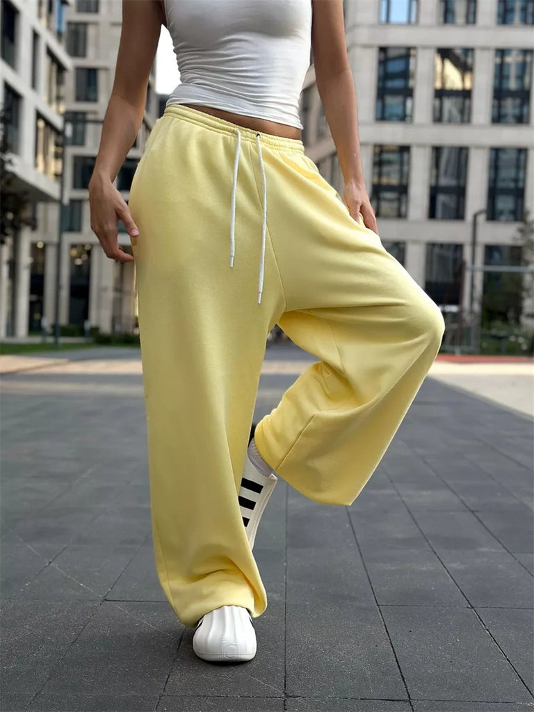Women's Casual Pants – Wide Legs – Relaxed Fit – Soft Knitted Fabric – Drawstring Waist