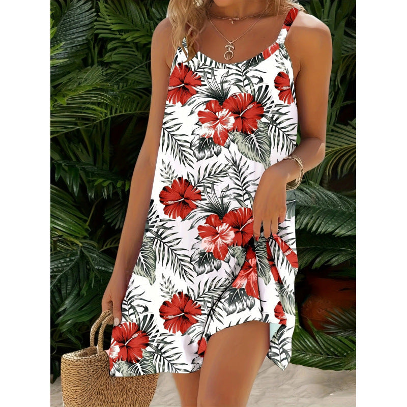 Dress woman – Mini dress – Relaxed fit – Tropical pattern – Thin straps – Cotton