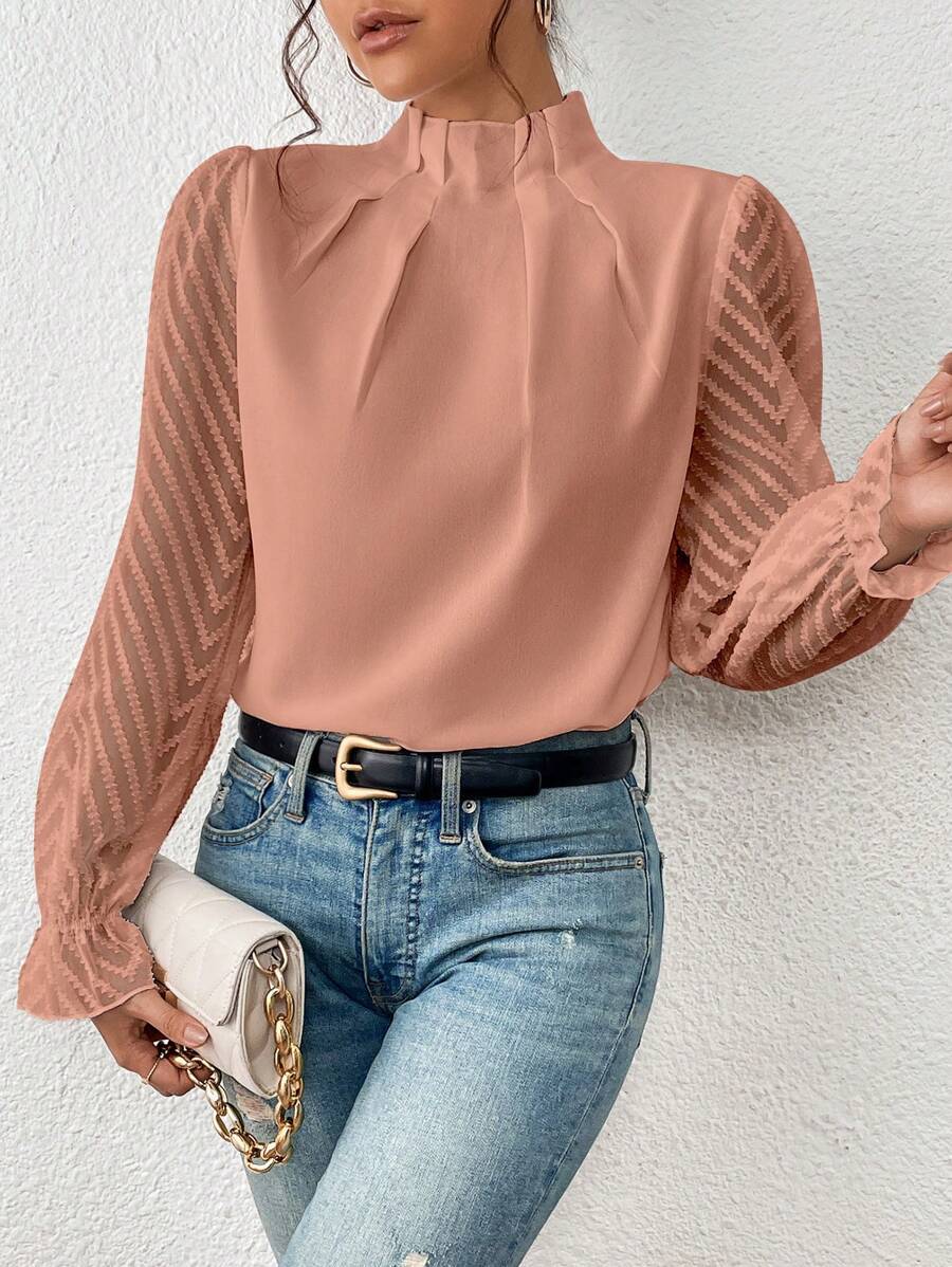 Women's Blouse – Relaxed Fit – High Neck – Sheer Sleeves – Elegant Style