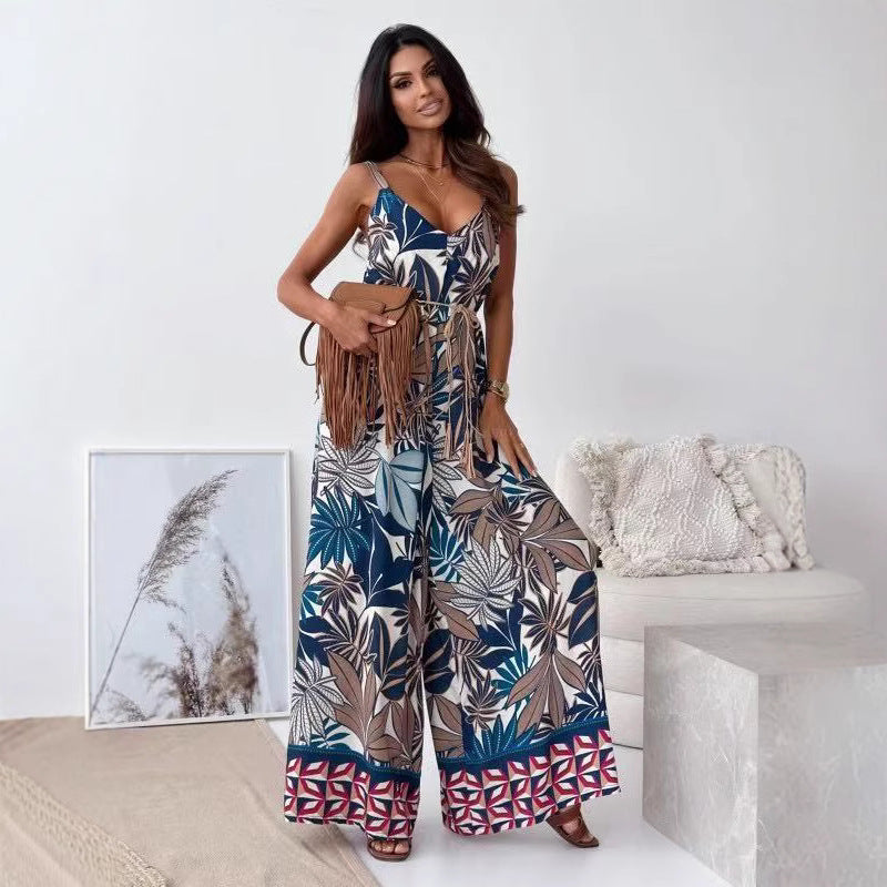 Women's Jumpsuit – V-neck – Spaghetti Straps – Wide Legs – Belt at Waist – Bohemian Style