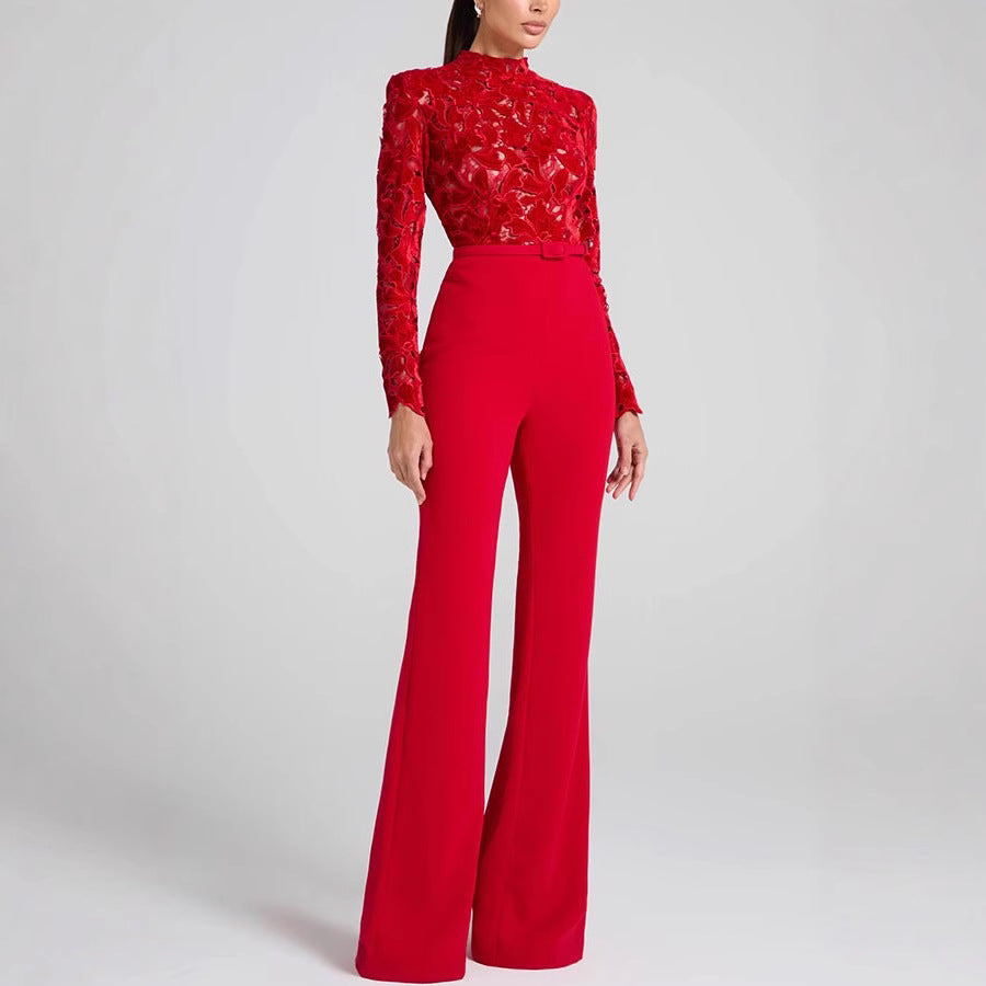 Women's jumpsuit – lace top – belt at the waist – flared legs – elegant fit