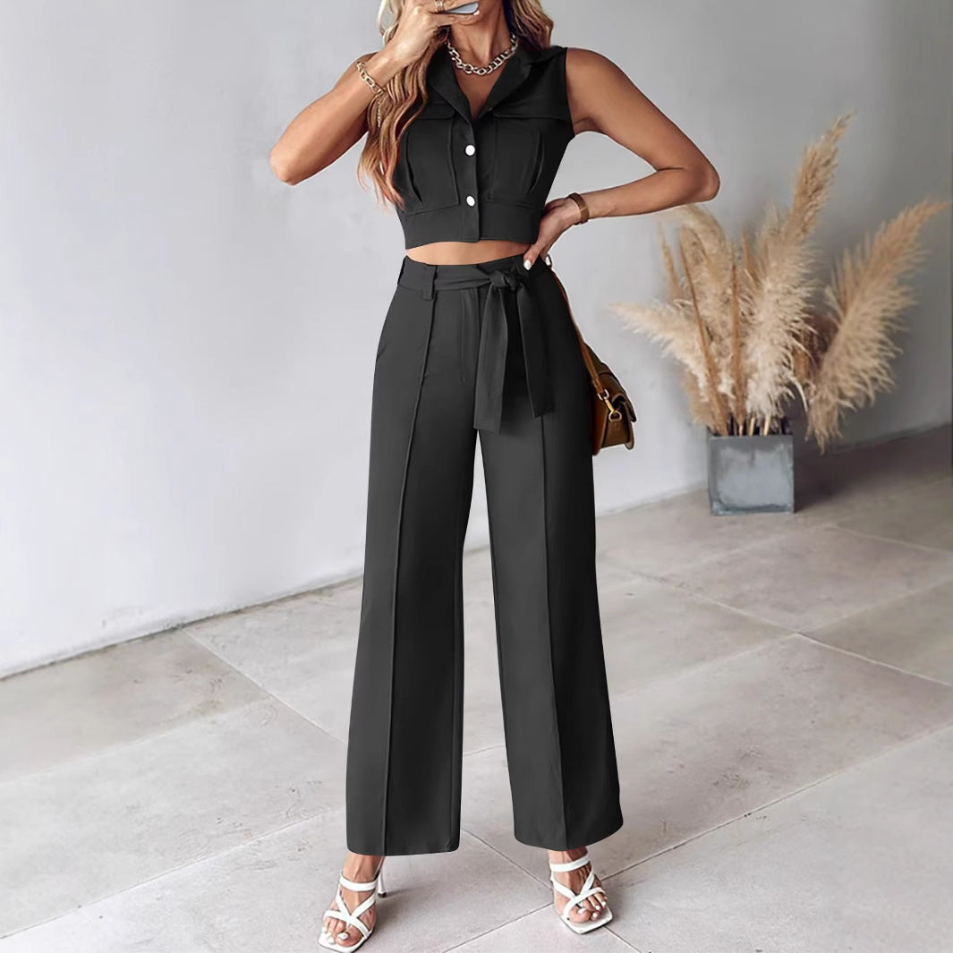 Women's Set with Sleeveless Crop Top – High Waist – Wide Pants – Belted Fit