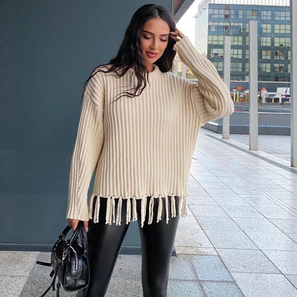 Women's Sweater – Oversized Fit – Wool Blend – Rib Knit – Fringe Hem