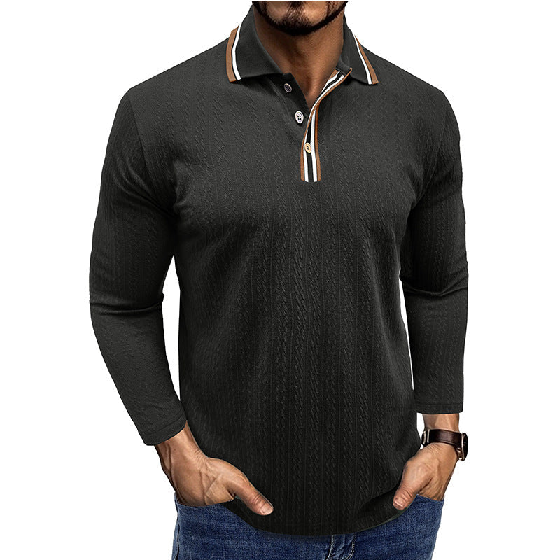 Men's Polo Shirt – Tailored Fit – Long Sleeve – Striped Collar – Knitted Texture