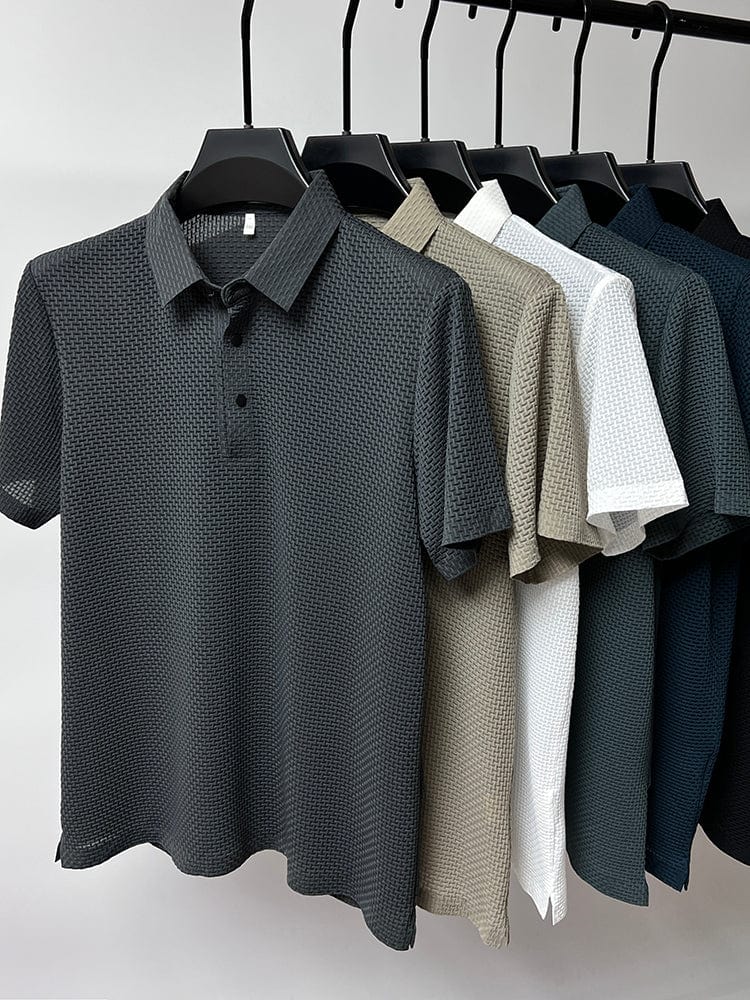 Men's Polo Shirt - Textured Waffle Pattern - Collar with Quarter Button Placket - Breathable