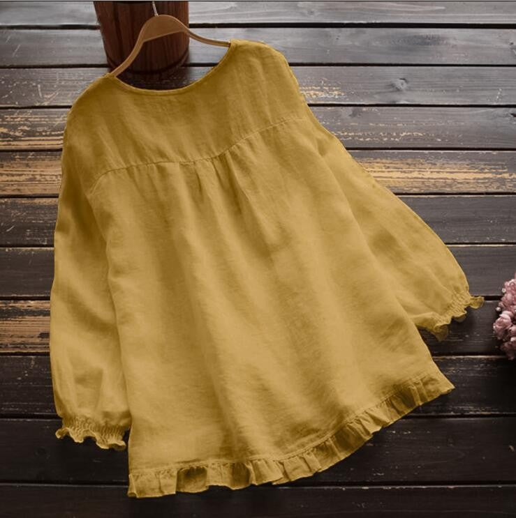 Women's Blouse – Loose Fit – Linen and Cotton – Ruffle Details – Long Sleeves