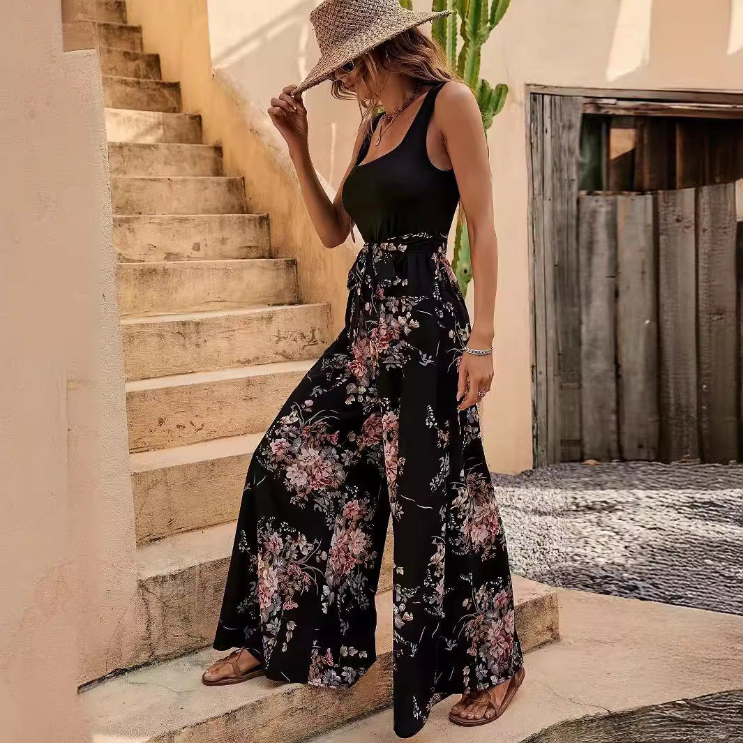 Women's Jumpsuit – Sleeveless – Relaxed Fit – Floral Print – Full Length