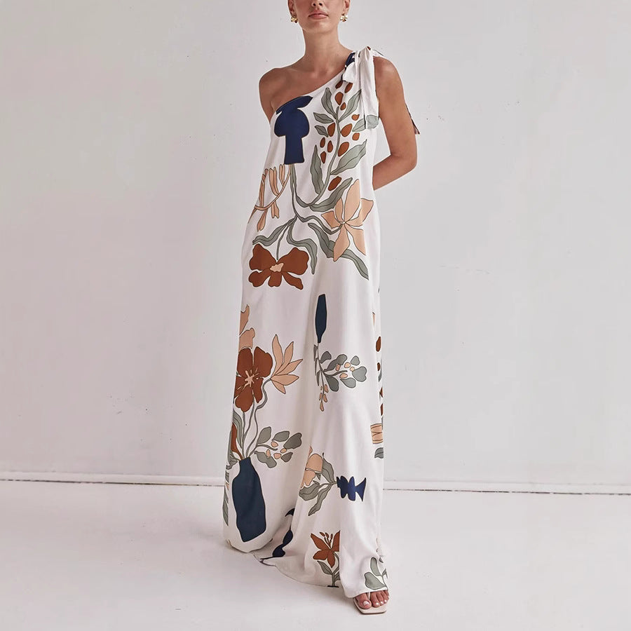 Dress for Women – One-Shoulder Design – Loose Fit – Cotton – All-Over Print