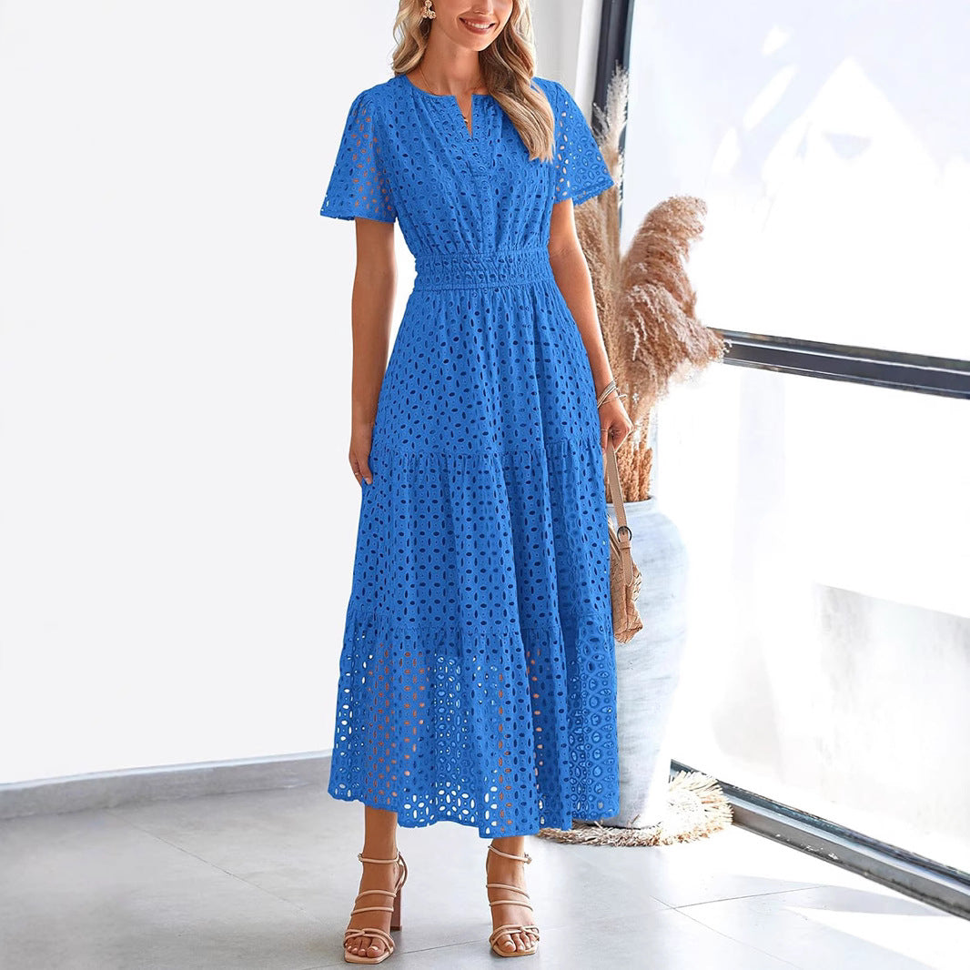 Women's Long Dress – Embroidered Lace – V-neck – Short Sleeve – Loose Fit