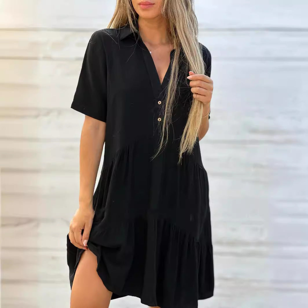Dress for Women – Relaxed Fit – Short Sleeve – Collar – Layered – Natural Fibers