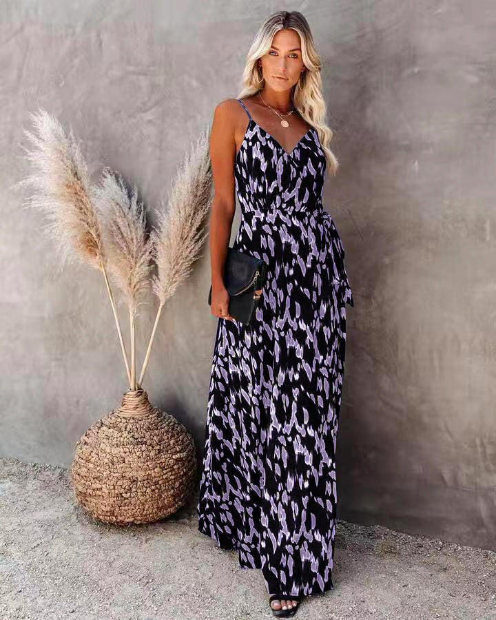 Dress for Women – Slim Fit – A-line – Spaghetti Straps – V-neck – Patterned