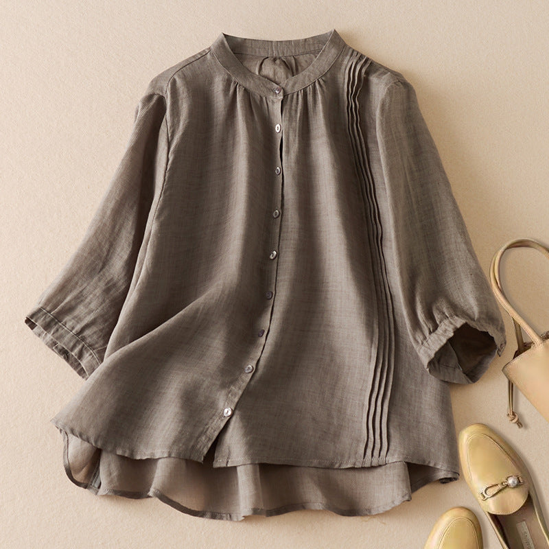 Women's Shirt with Half Sleeve – Relaxed Fit – Natural Fibers – Stand Collar – Pleat Detail