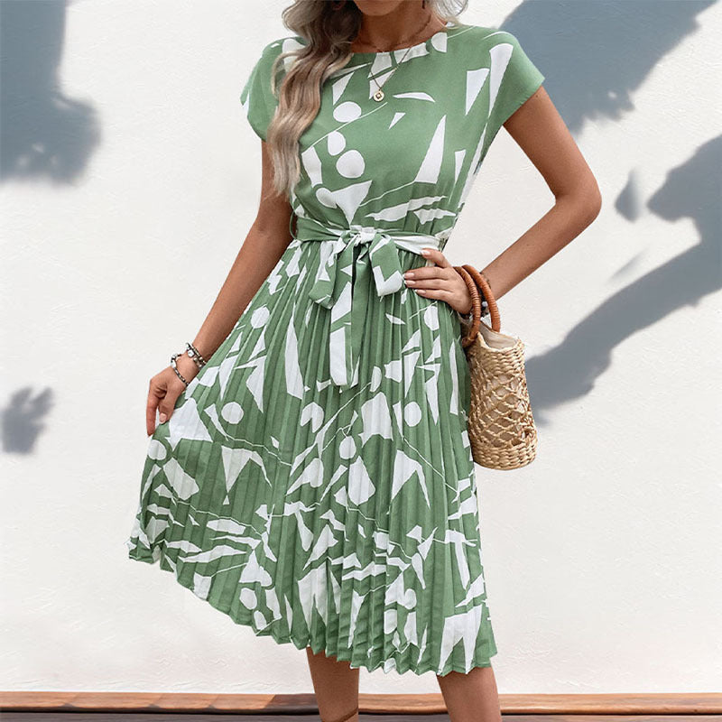 Dress woman midi – pleated A-line – geometric pattern – belt – short sleeve