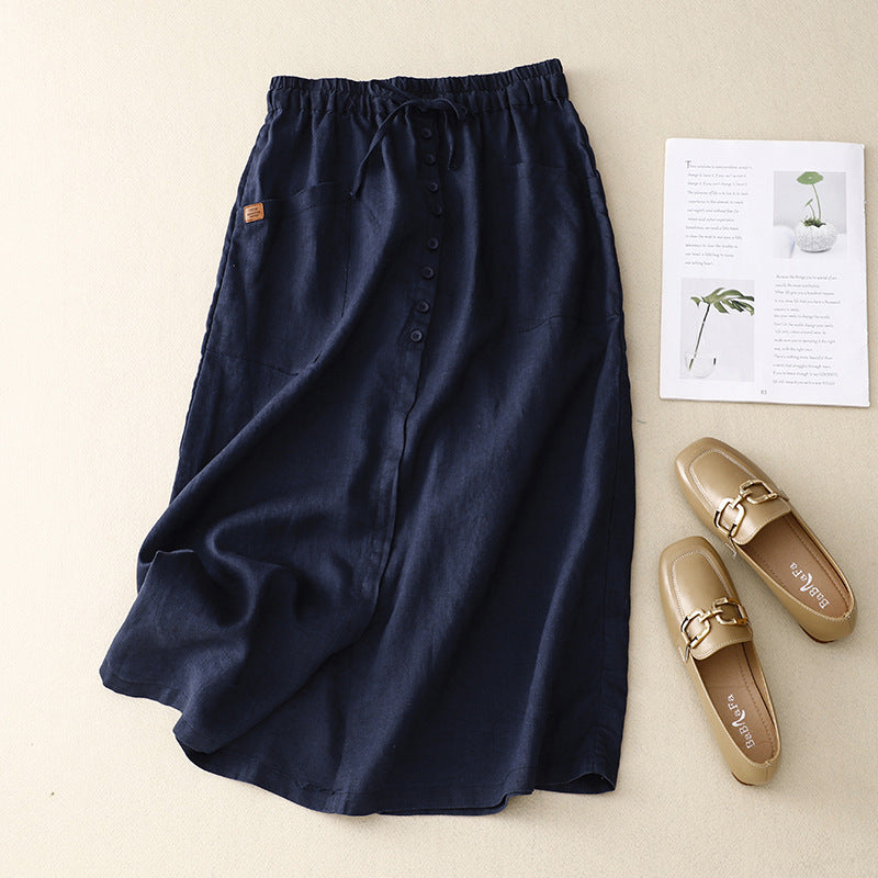 Women's A-line Skirt – Natural Material – Midi Length – Elastic and Tie – Pockets