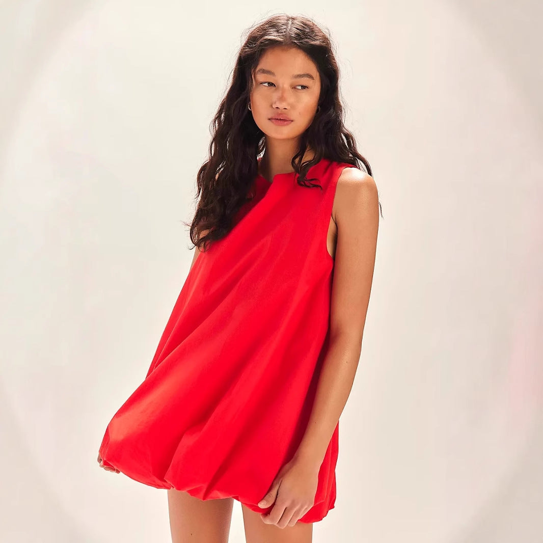 Dress woman – mini dress in 100% cotton – sleeveless loose fit – open back lantern cut