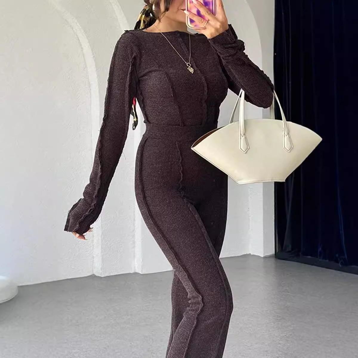 Women's Set – Ribbed Knit Loungewear – Slim Fit – Cropped Sweater and High-Waisted Pants