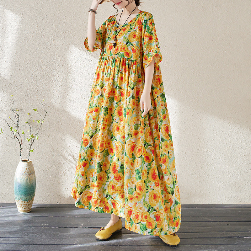Kjole dame – Lang maxikjole – Blomsterprint – Løs passform – 3/4 ermer – Pustende stoff