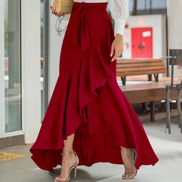 Women's Maxi Skirt – High Waist – Asymmetric Wrap – Ruffle Edge – Lightweight Fabric