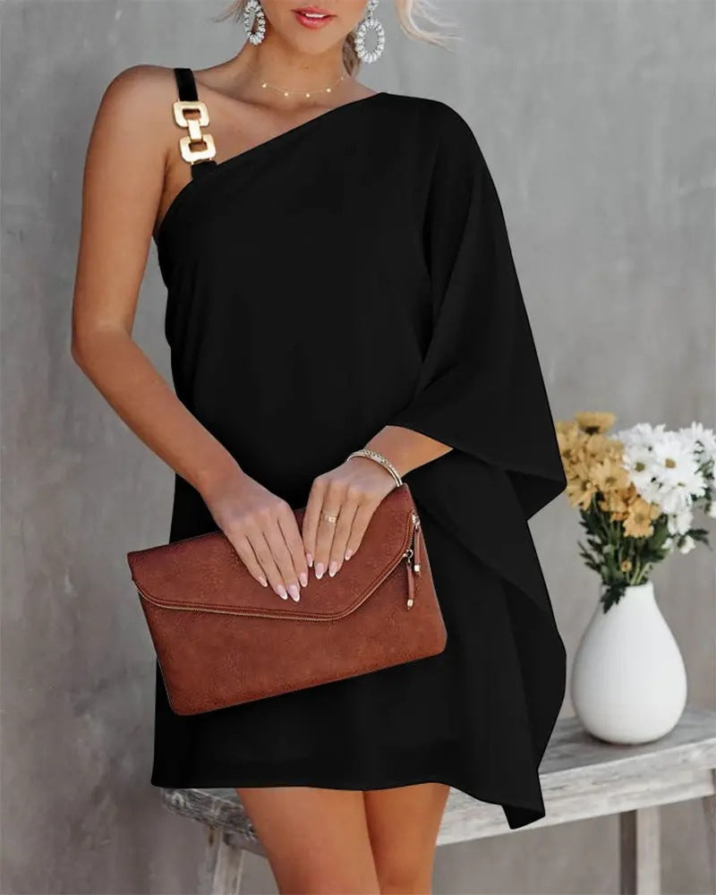 Dress for Women – Off-Shoulder – Loose Fit – Batwing Sleeves – Metal Strap – Knee-Length