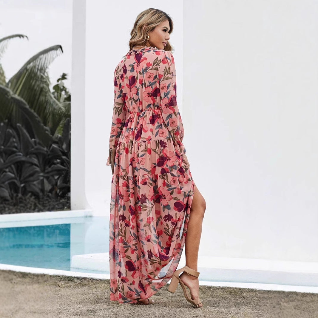 Kjole for dame – Chiffon – Bohemsk passform – V-hals – Blomsterprint – Maksilengde