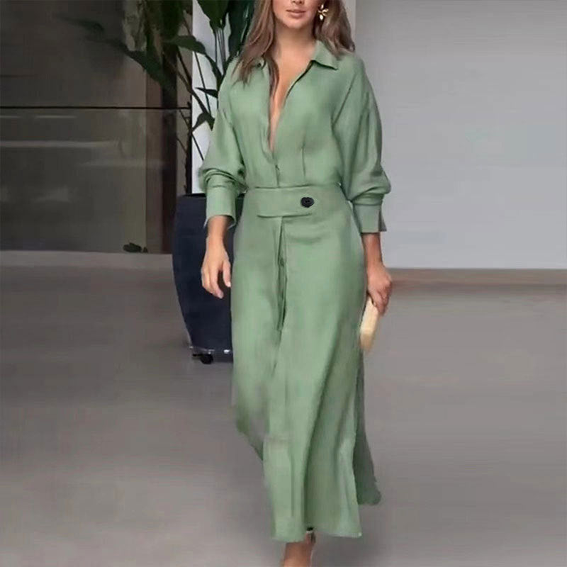 Dress for Women – Shirt Model – Linen – V-Neck – Waist Belt – Long Sleeves – Midi Length