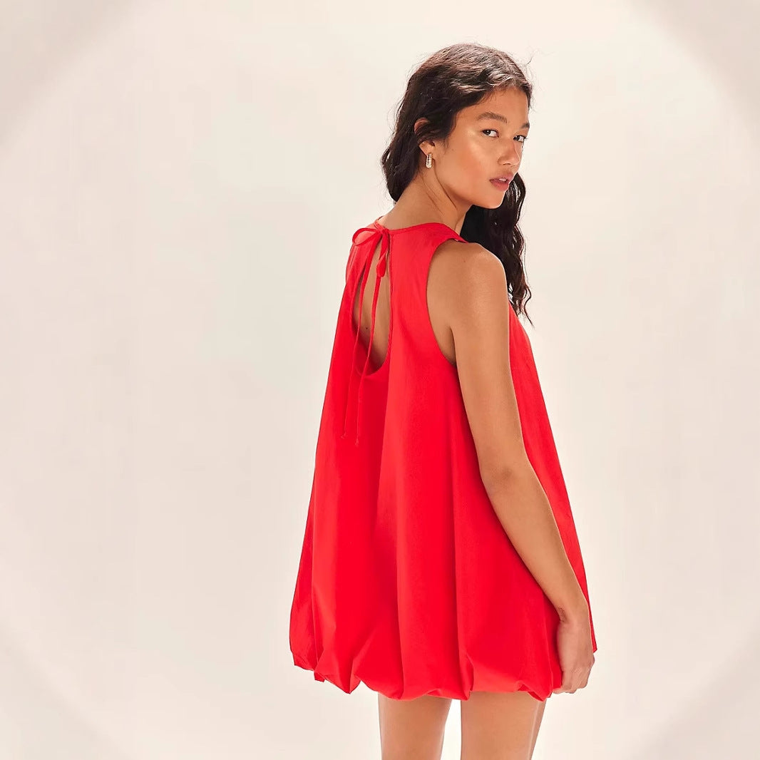Dress woman – mini dress in 100% cotton – sleeveless loose fit – open back lantern cut