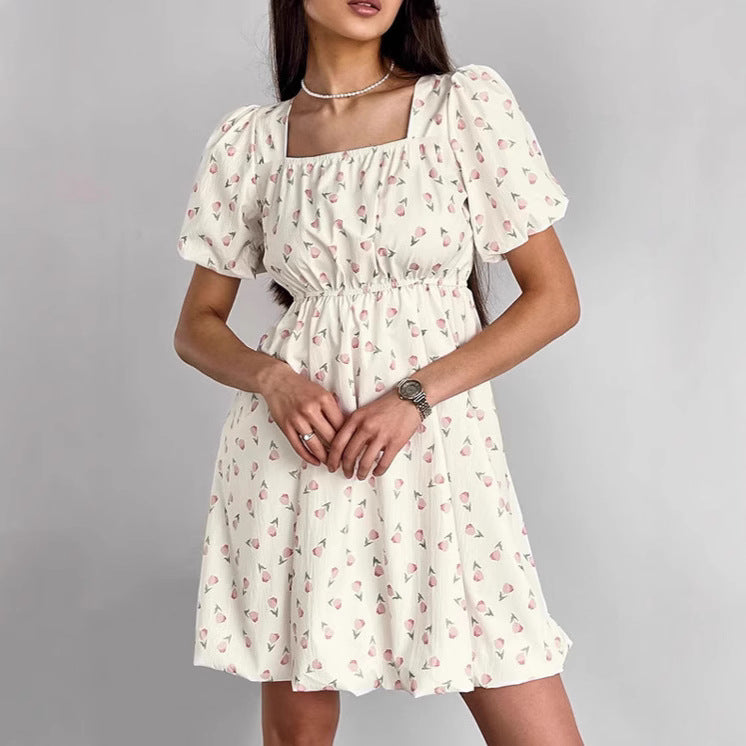Women's Dress A-line – Short Length – Puff Sleeves – Floral Print – Square Neckline