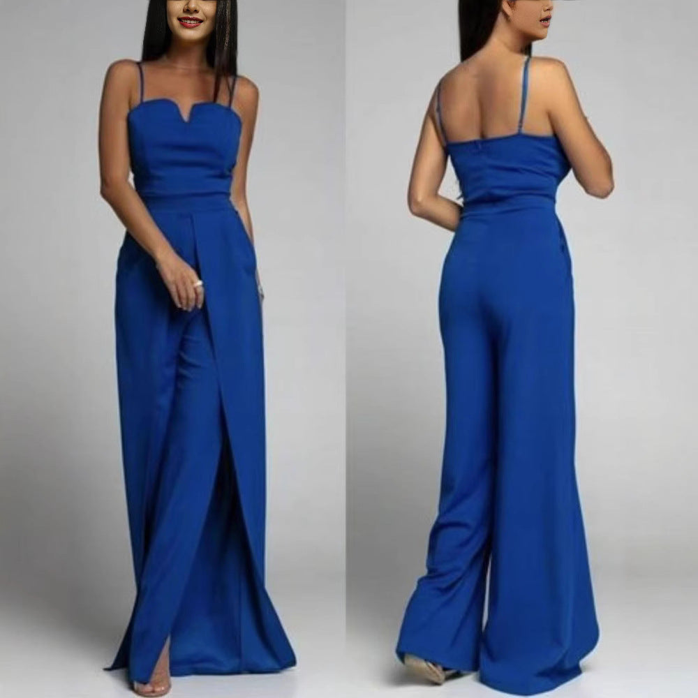 Dame Jumpsuit – Smal Passform – Stroppeløs – Vide Ben med Splitt – Elegant Festantrekk