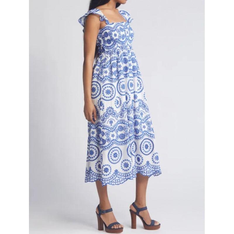 Dress woman midi – cotton – relaxed fit – ruffle sleeves – square neckline