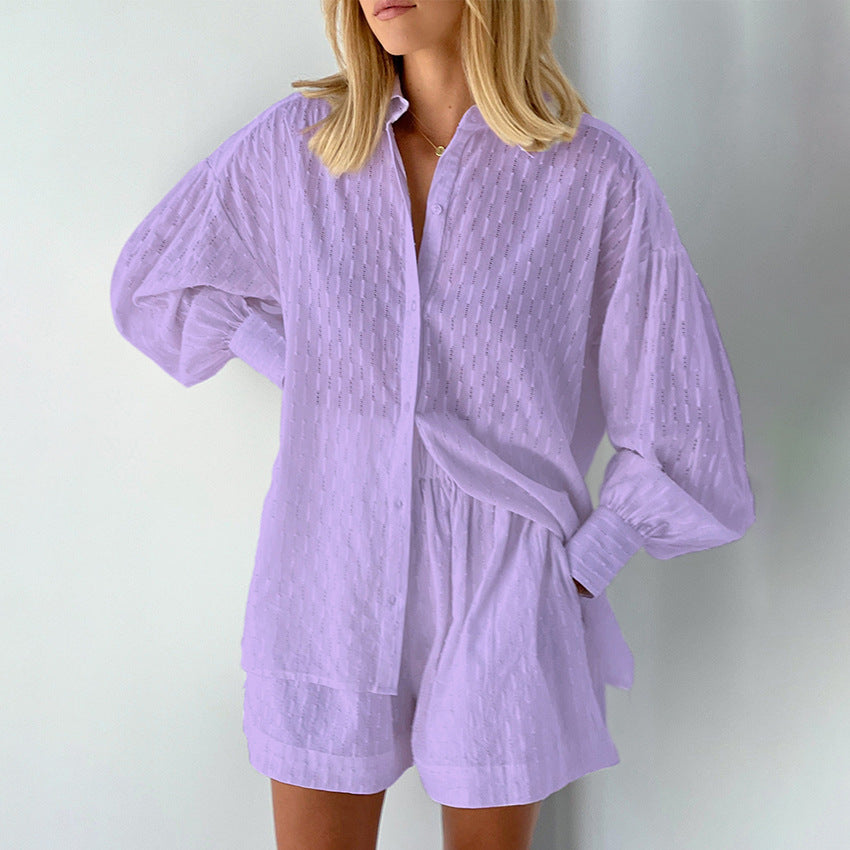 Women's set with blouse and shorts – Jacquard fabric – Relaxed fit – Puff sleeves