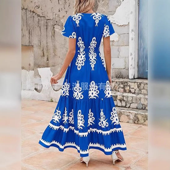 Dress women maxi – V-neckline – Floral print – Short sleeve – A-line tiered fit