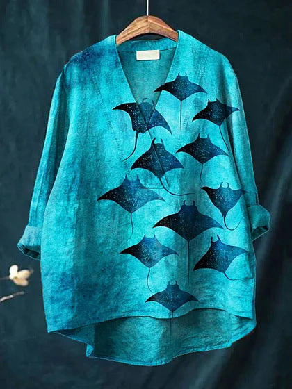 Women's Shirt with Long Sleeves – Relaxed Fit – V-neck – Breathable Fabric – Digital Pattern