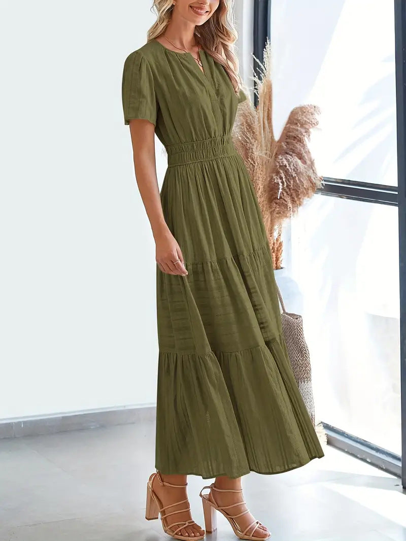 Women's Maxi Dress – V-Neck – Puff Sleeves – Light A-Line – Ruched Waist – Layered Skirt